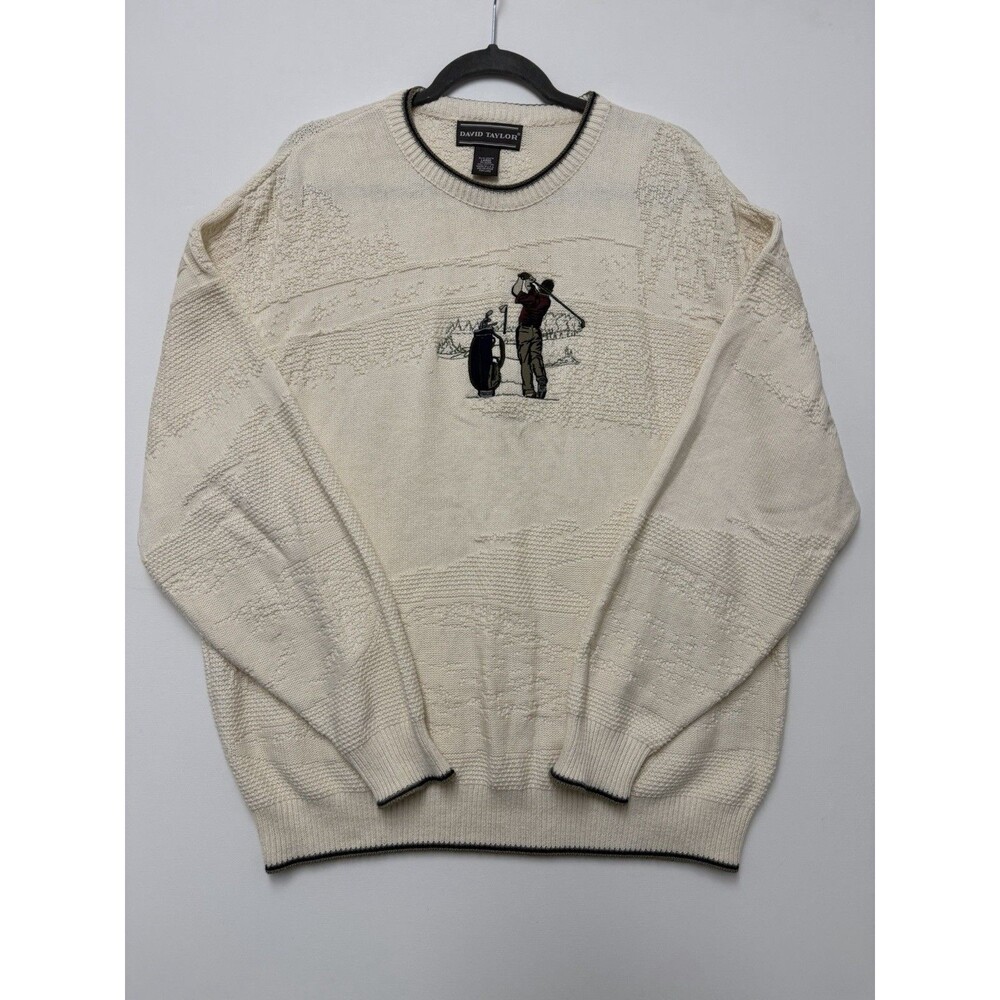 VTG David Taylor Sweater Men Large Beige Long Sleeve Crew Neck Golf Graphic USA